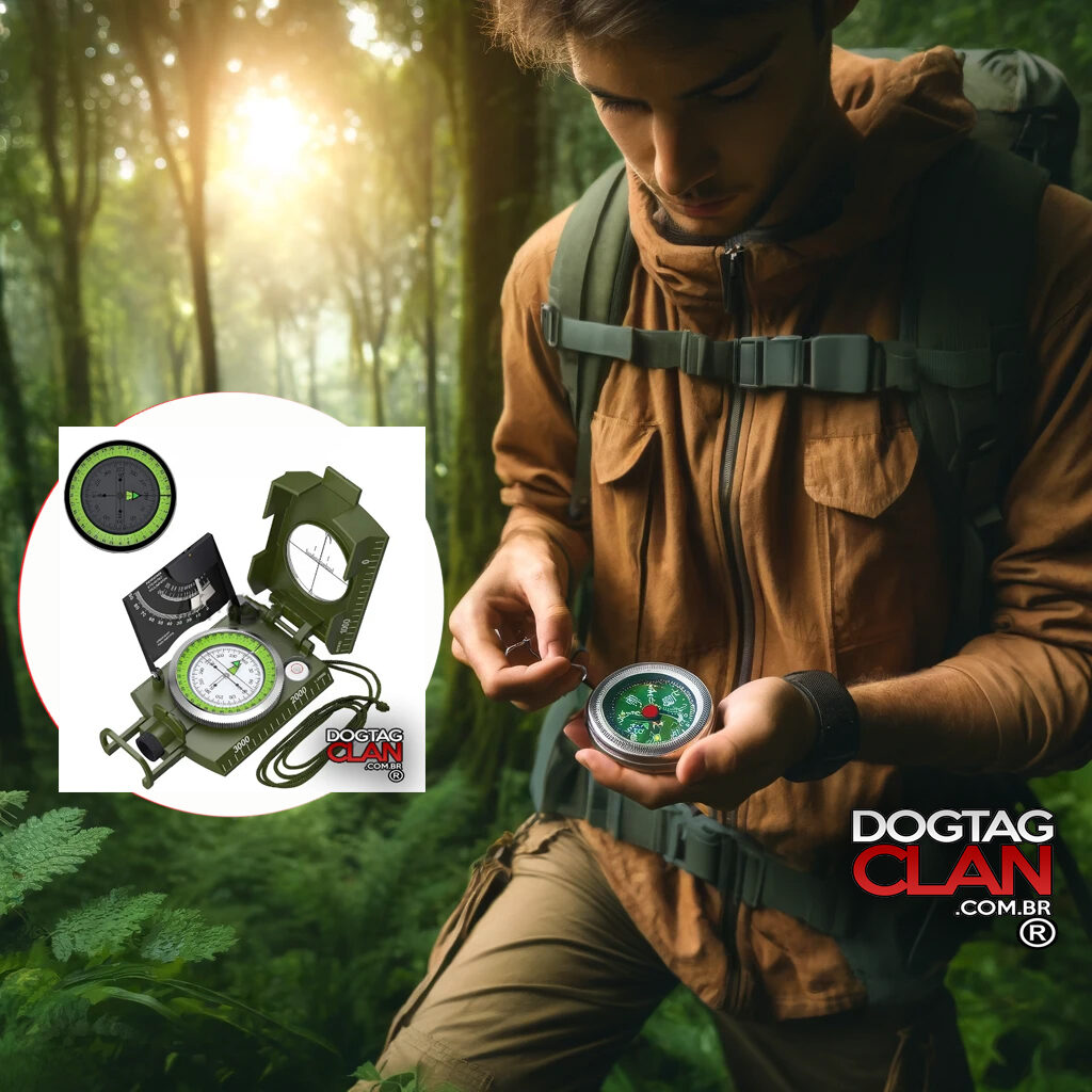 Bússola militar Pathfinder sendo utilizada em trilha, ideal para navegação precisa em caminhadas e camping