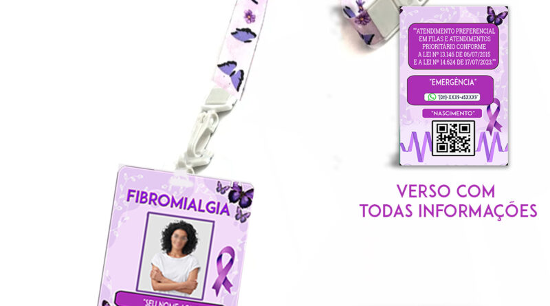 Crachá de identificação para fibromialgia com fita roxa e informações médicas