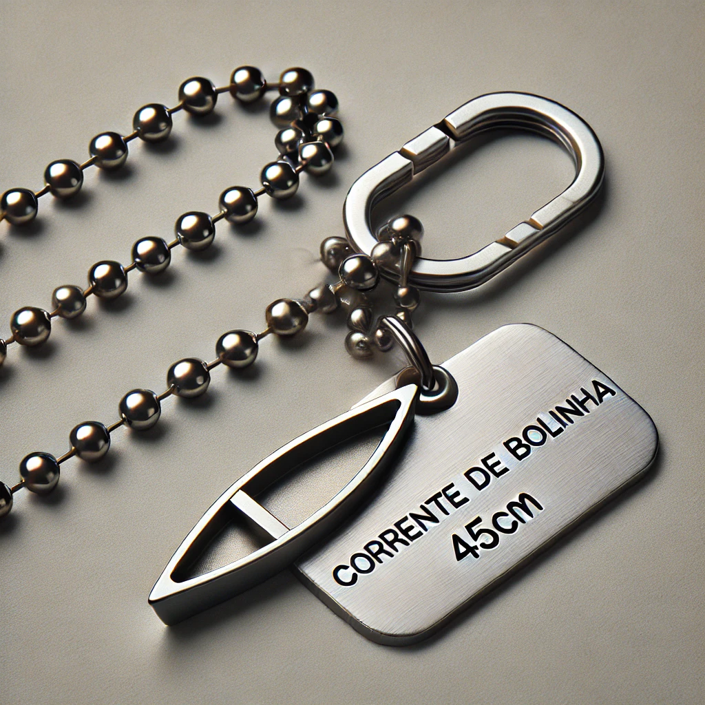 Corrente de bolinha 45cm em aço inox com fecho tipo canoa, ideal para chaveiros e dog tags personalizadas.