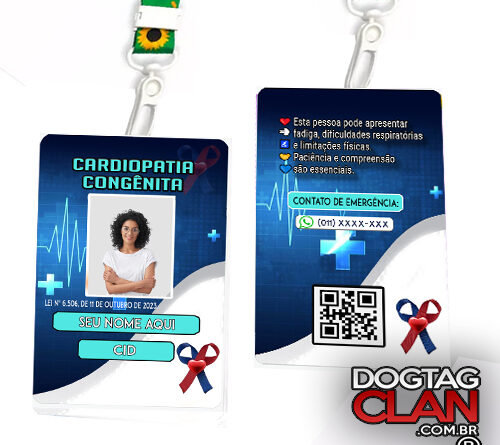 "Crachá Cardiopatia Congênita personalizado com QR Code e cordão girassol – Identificação médica segura para emergências."