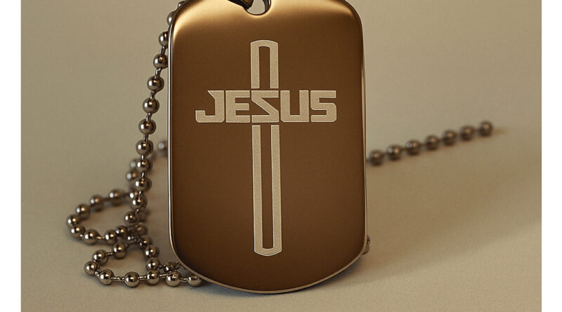 “Dog tag personalizada sob encomenda com frases como Amor, Honra e Unidade, símbolo muito usado por movimentos cristãos masculinos, como os que buscam identidade espiritual semelhante ao estilo ‘legendários’.”
