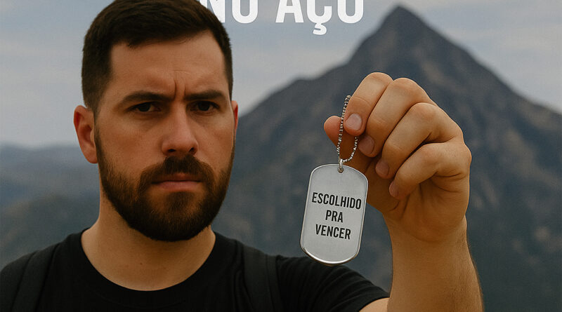 Homem segurando dog tag personalizada com a frase "Escolhido pra vencer" em frente a uma montanha – DogTagClan
