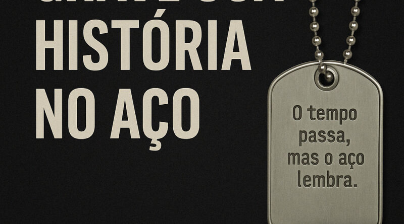 Dog tag personalizada em aço inox com a frase “grave sua história no aço” – modelo original DogTagClan com gravação real e corrente militar