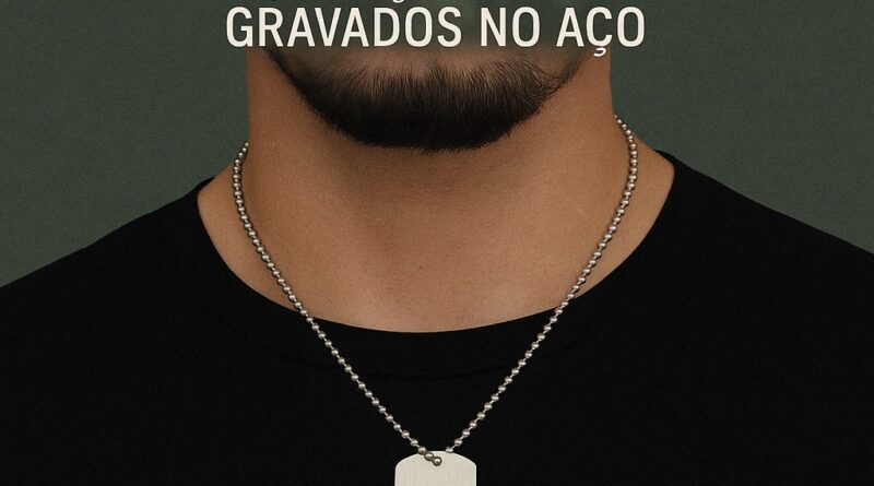 Dog tag masculina personalizada com corrente de 70cm em aço inox, ideal para homens com estilo militar, gravação em alto relevo ou ponta de diamante.