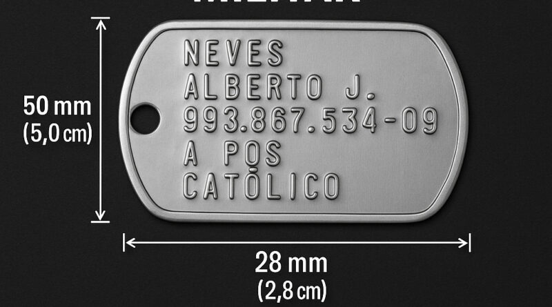 Dog tag militar com medidas 50mm x 28mm x 0,4mm – plaqueta de identificação personalizada da DogTagClan