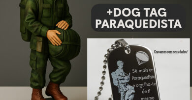 Estatueta militar paraquedista com dog tag personalizada DogTagClan em base com nome e identificação