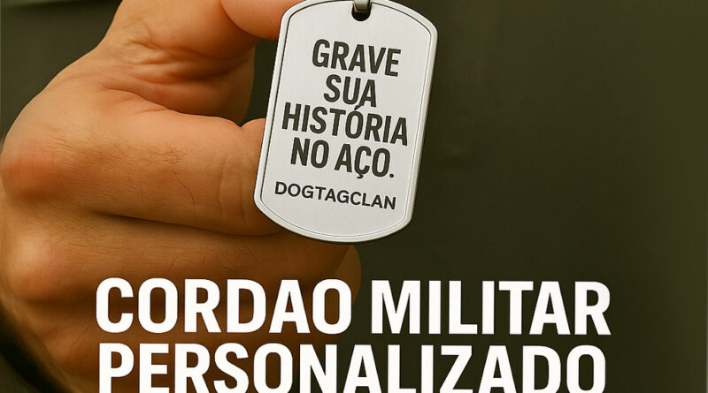 Cordão militar personalizado segurando dog tag gravada com a frase "Grave sua história no aço" – DogTagClan