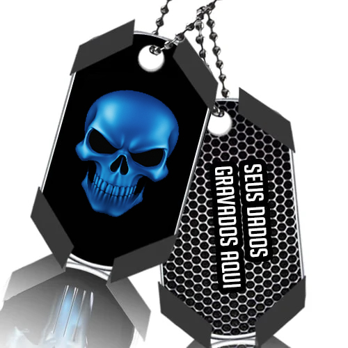 Dog Tag Caveira Justiça Platinado da DogTagClan com gravação personalizada em aço inox