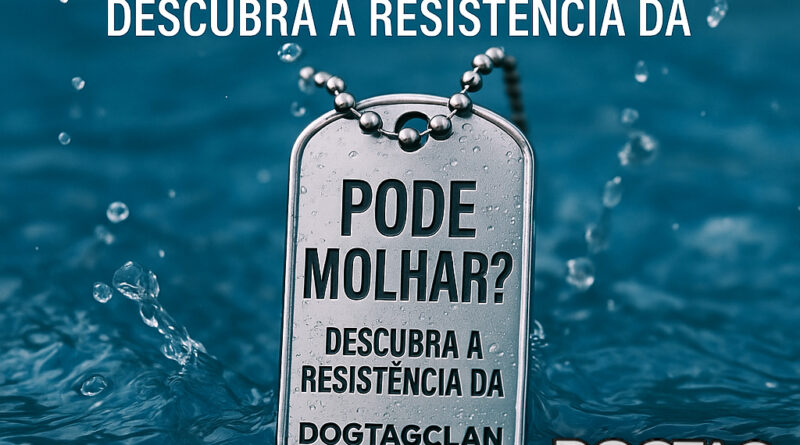 Dog tag personalizada DogTagClan em aço inox submersa na água com a frase "Pode molhar? Descubra a resistência da DogTagClan"