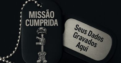 Dog Tag Militar Missão Cumprida com fuzil, capacete e coturnos – homenagem gravada em aço inox