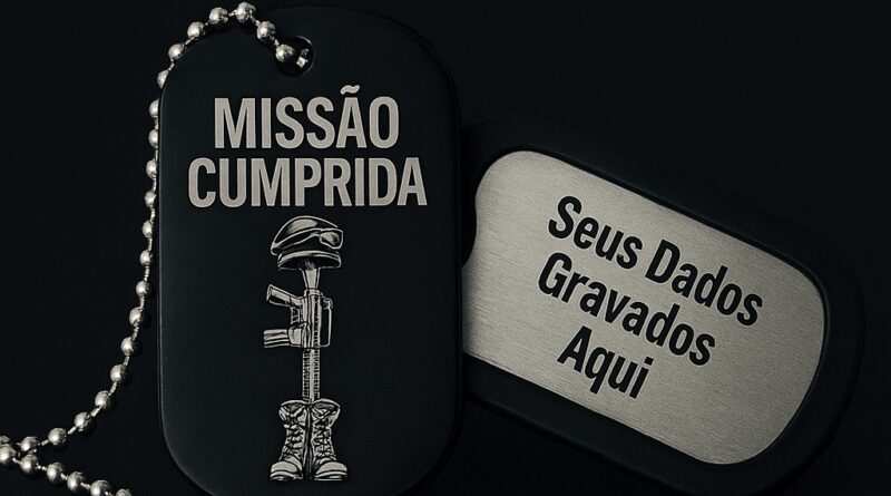 Dog Tag Militar Missão Cumprida com fuzil, capacete e coturnos – homenagem gravada em aço inox