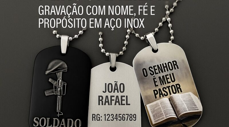 Colar militar personalizado com gravação em alto relevo, ponta de diamante e sublimação – DogTagClan