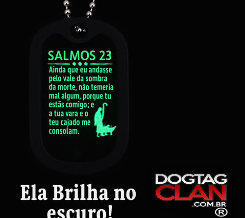 Dog tag Salmos 23 com brilho no escuro – placa religiosa personalizada que ilumina no escuro com corrente