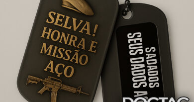Dog Tag militar personalizada com gravação “Selva! Honra e Missão Aço” e espaço para dados pessoais