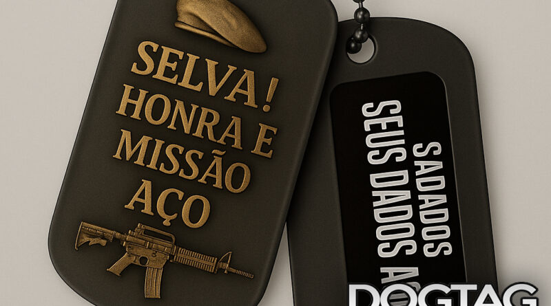Dog Tag militar personalizada com gravação “Selva! Honra e Missão Aço” e espaço para dados pessoais