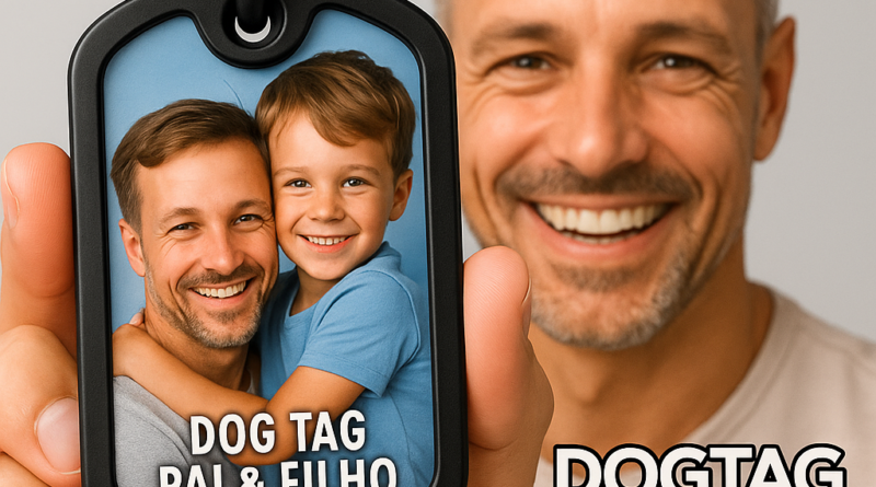 Pai sorrindo segura Dog Tag com foto dele e do filho – DogTagClan