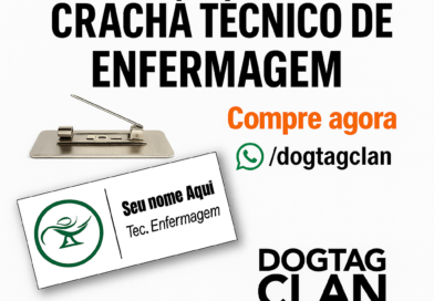 Crachá Técnico de Enfermagem em aço inox com logo personalizado e fixação por ímã ou alfinete da DogTagClan.