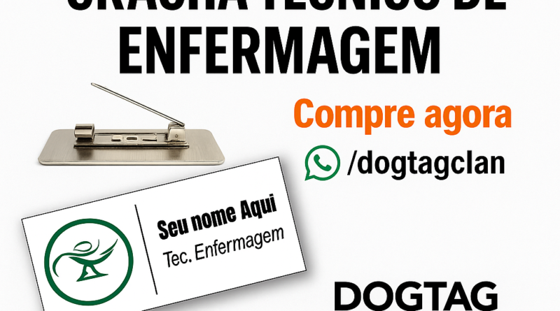Crachá Técnico de Enfermagem em aço inox com logo personalizado e fixação por ímã ou alfinete da DogTagClan.