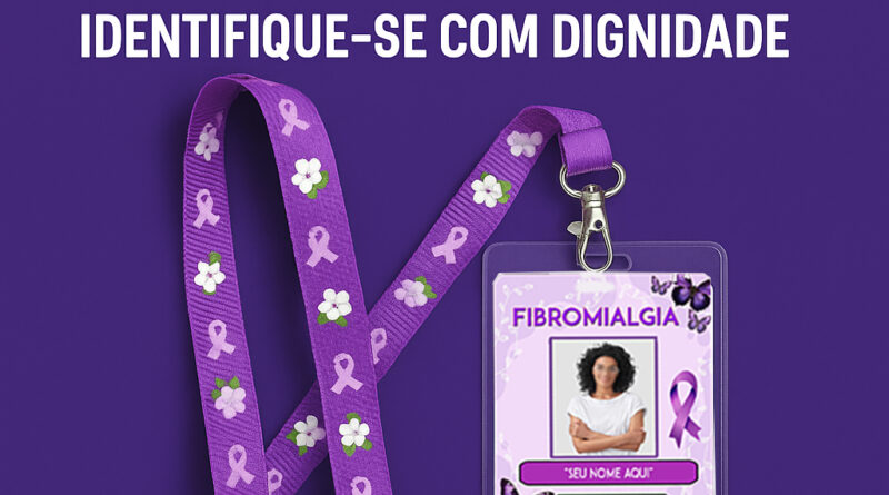Crachá de identificação para fibromialgia com cordão roxo e QR Code – DogTagClan