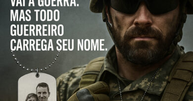 Soldado com dog tag personalizada e frase motivacional: Nem todo guerreiro vai à guerra. Mas todo guerreiro carrega seu nome.
