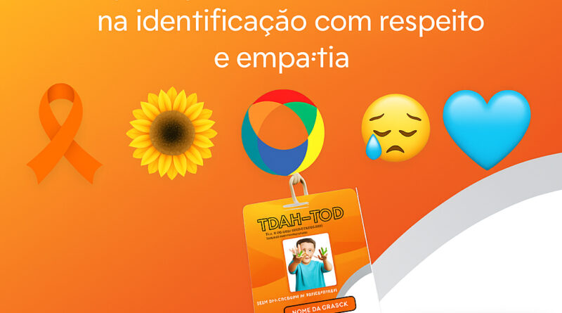 Imagem com símbolos do TDAH, incluindo laço laranja, cordão girassol e crachá infantil personalizado da DogTagClan. Ideal para identificação de crianças com TDAH e TOD com QR Code, nome, CID e frase de conscientização.