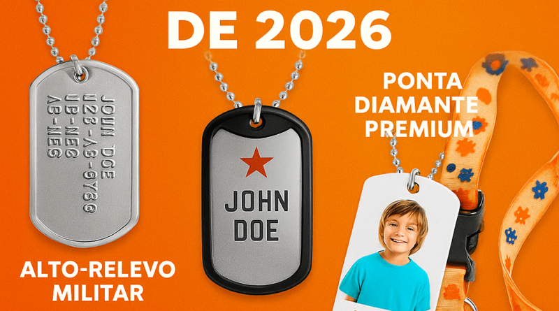As melhores dog tags de 2026: alto relevo militar, ponta de diamante, sublimática simples e dog tag pet personalizada.