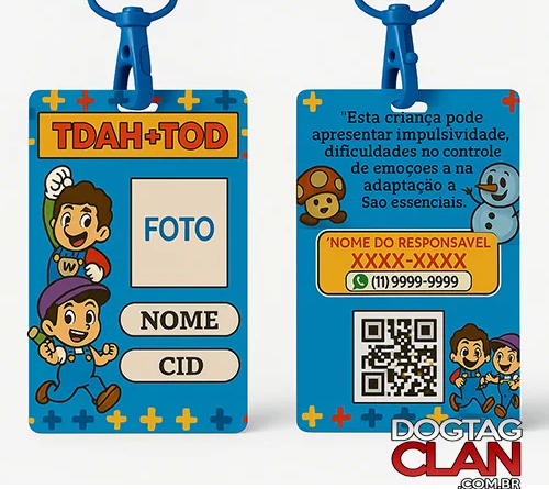 Crachá TDAH+TOD infantil azul com nome, foto, QR Code e informações médicas importantes para identificação.