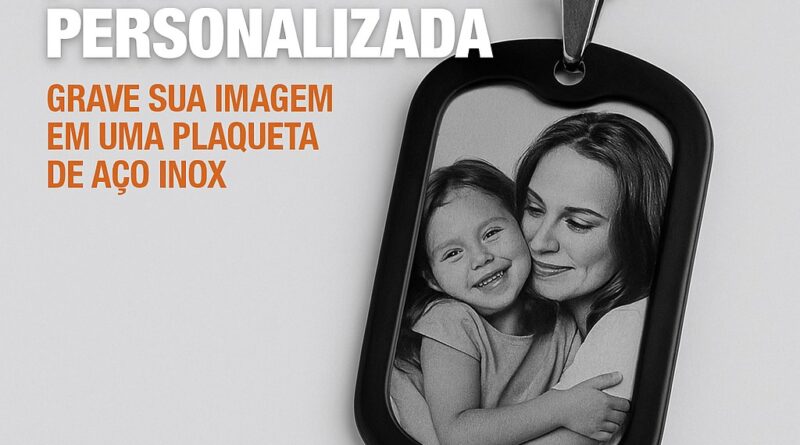 Corrente com foto personalizada em plaqueta de aço inox – presente com imagem gravada