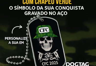 Dog Tag CFC Caveira Militar com Chapéu Verde – Personalização com nome, brasão e OM gravado no aço inox