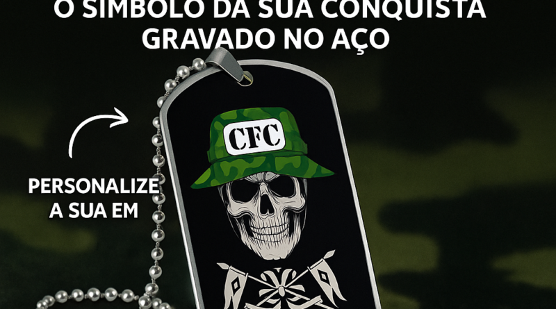 Dog Tag CFC Caveira Militar com Chapéu Verde – Personalização com nome, brasão e OM gravado no aço inox