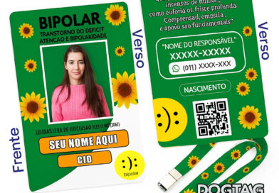 Crachá Transtorno Bipolar com Cordão de Girassol, Nome, CID e QR Code – DogTagClan
