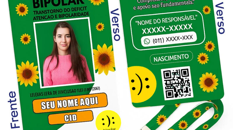 Crachá Transtorno Bipolar com Cordão de Girassol, Nome, CID e QR Code – DogTagClan