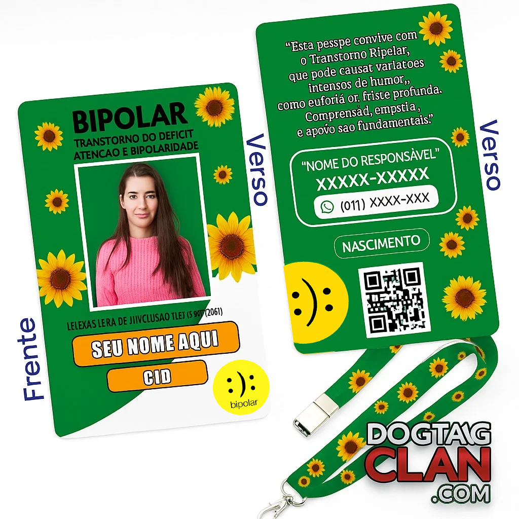 Crachá Transtorno Bipolar com Cordão de Girassol, Nome, CID e QR Code – DogTagClan