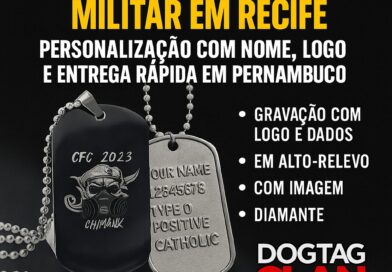 Dog tag militar personalizada com nome e logo em Recife – Gravação a laser, alto-relevo e ponta de diamante.