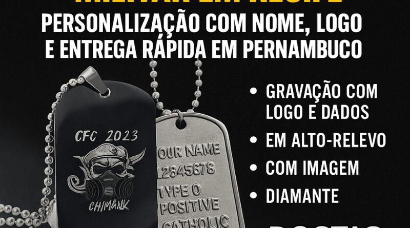 Dog tag militar personalizada com nome e logo em Recife – Gravação a laser, alto-relevo e ponta de diamante.