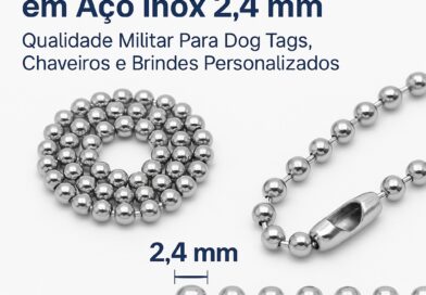 Corrente de bolinha em aço inox 2.4 mm com fecho canoa – ideal para dog tag, chaveiro e brindes personalizados.