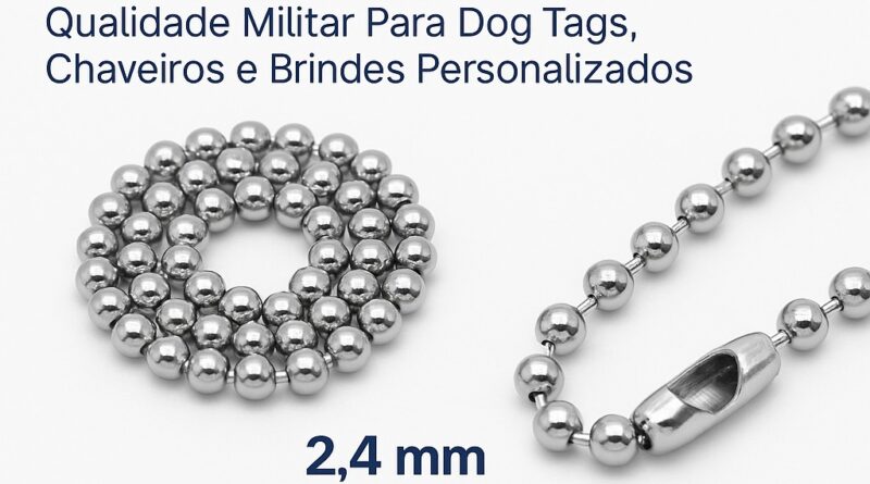 Corrente de bolinha em aço inox 2.4 mm com fecho canoa – ideal para dog tag, chaveiro e brindes personalizados.