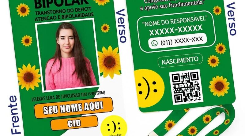 Kit Crachá Bipolar TAB com Cordão Girassol – Identificação personalizada com nome, foto, CID e QR Code.