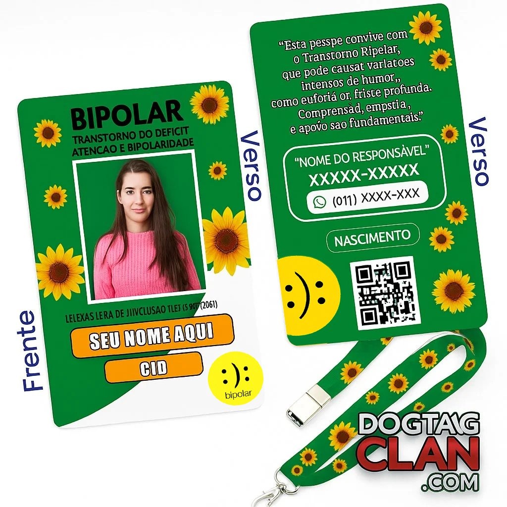 Kit Crachá Bipolar TAB com Cordão Girassol – Identificação personalizada com nome, foto, CID e QR Code.