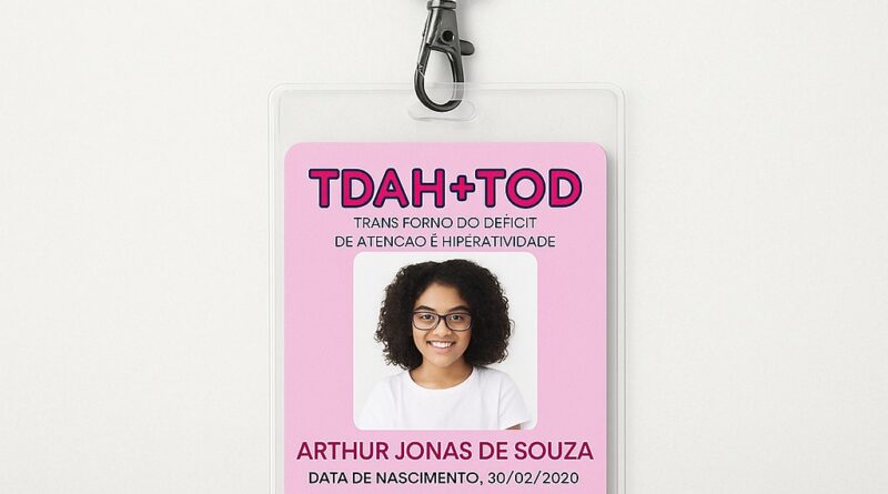 👉 “Crachá de identificação rosa TDAH e TOD com QR Code e cordão girassol personalizado – DogTagClan” (Importante: descreve a imagem, ajuda em SEO e acessibilidade)