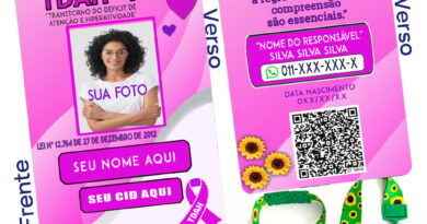 Crachá TDAH e TOD rosa personalizado com QR Code e cordão verde girassol – identificação infantil segura