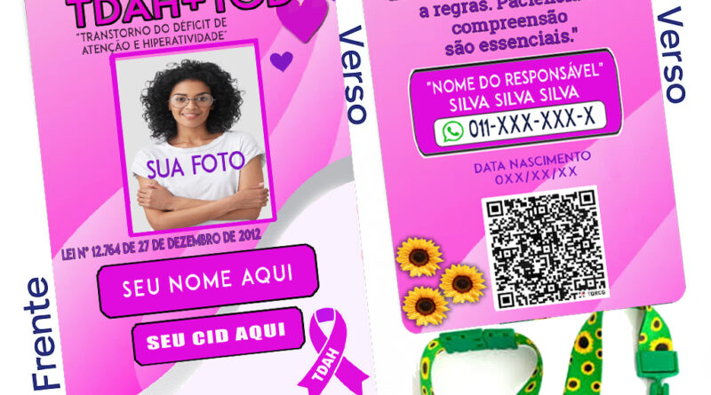 Crachá TDAH e TOD rosa personalizado com QR Code e cordão verde girassol – identificação infantil segura