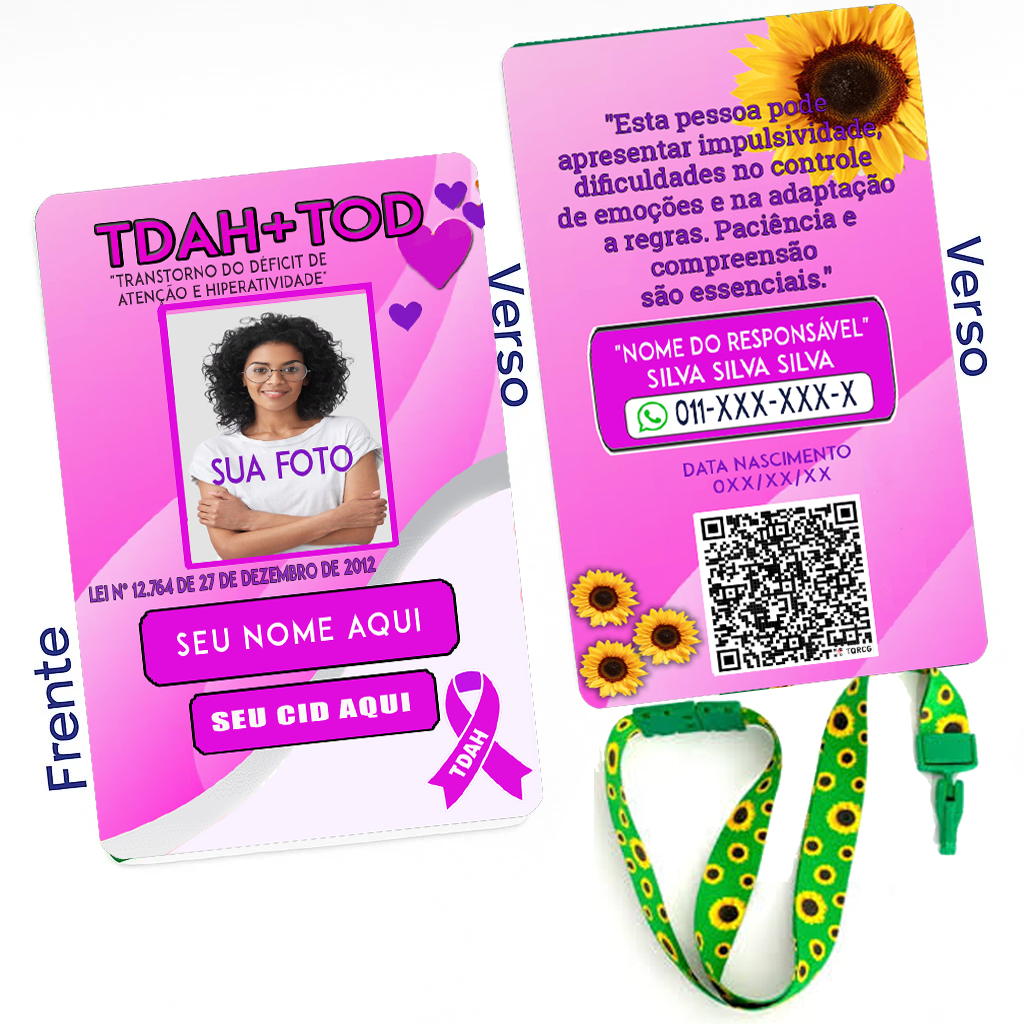 Crachá TDAH e TOD rosa personalizado com QR Code e cordão verde girassol – identificação infantil segura