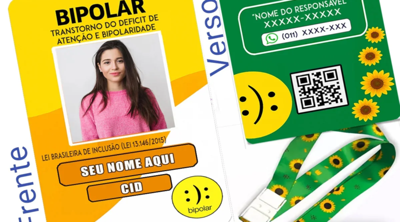 Crachá Transtorno Bipolar personalizado com QR Code – Nome, CID e contato de emergência gravados em aço inox. DogTagClan entrega em todo o Brasil.