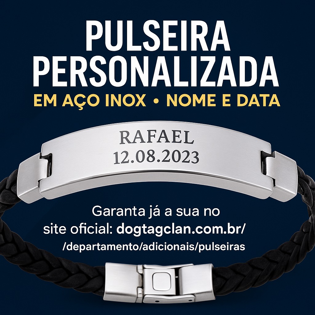 Pulseira personalizada em aço inox escovado com gravação de nome e data – DogTagClan