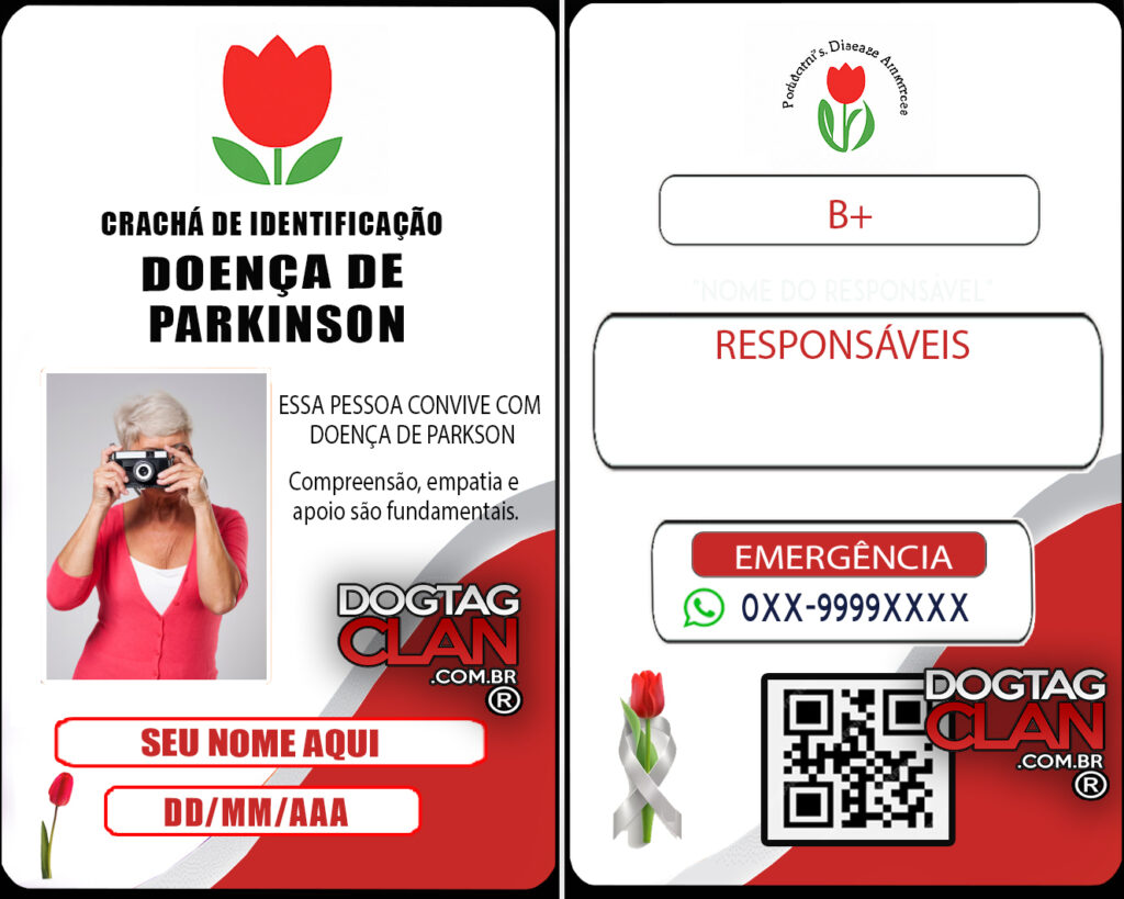 Crachá Doença de Parkinson – Cordão Tulipa Vermelha com QR Code personalizado