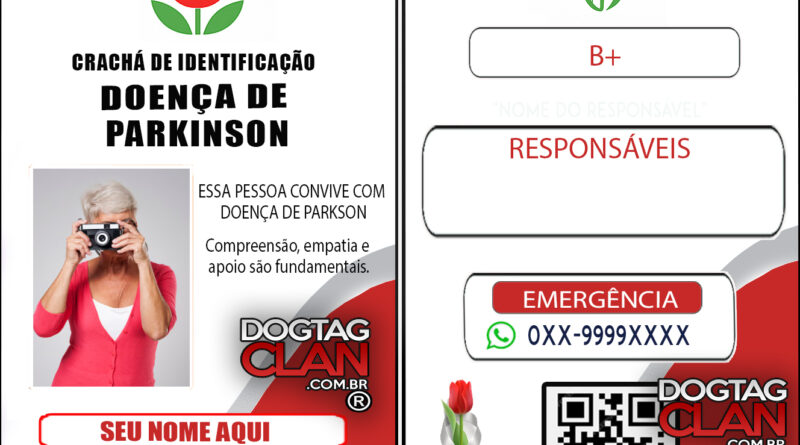 Crachá Doença de Parkinson – Cordão Tulipa Vermelha com QR Code personalizado