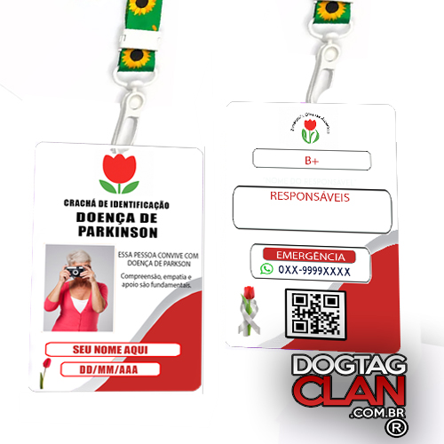 vCrachá Doença de Parkinson – Cordão Tulipa Vermelha com QR Code personalizado