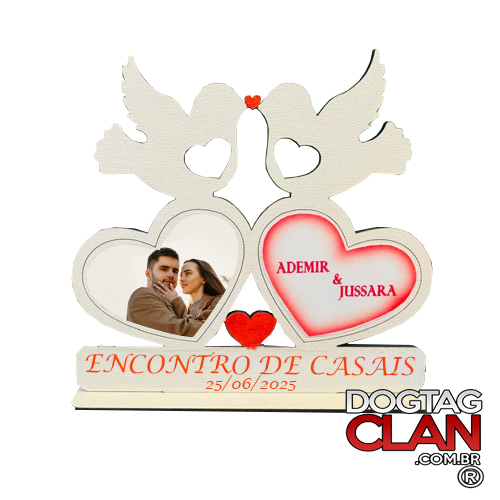 Lembrança de casamento coração personalizada em MDF com nome, foto e data gravados – DogTagClan