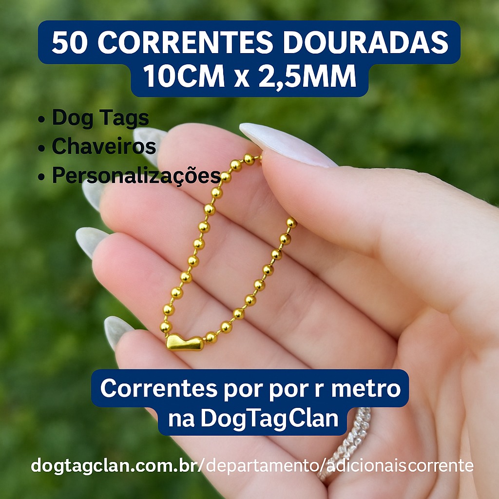 Corrente bolinha dourada 10cm x 2,5mm para chaveiros e dog tags – DogTagClan